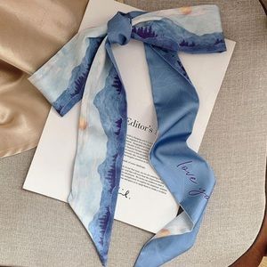 Blue White & Orange Painted Landscape Silky Neck & Hair Bow Twilly Scarf